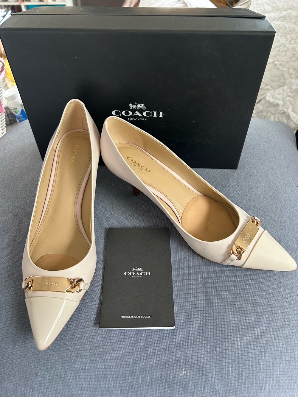 Coach Pointed Toe Kitten Heel Pumps w/Gold Hardware, in Chalk. Size 9.5